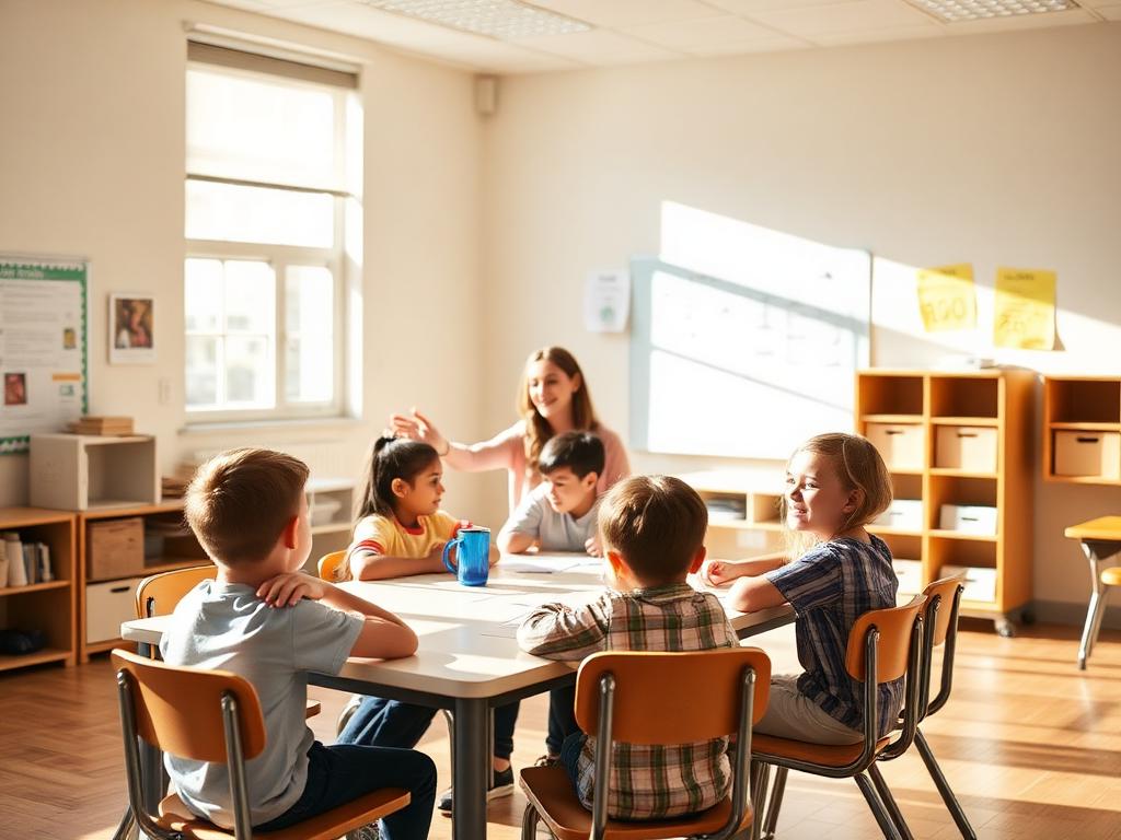 School speech-language pathologist working with elementary students